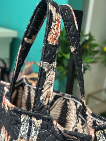Ida Mae Thunderbird Boots Black Neutral Quilted Tote Bag