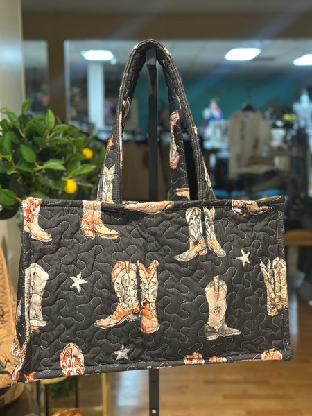 Ida Mae Thunderbird Boots Black Neutral Quilted Tote Bag