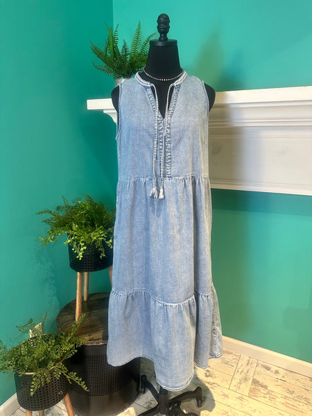 denim tiered midi dress Denim Front Tie Tiered Midi Dress