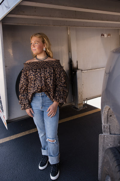 Vine & Love Off The Shoulder Leopard Long Sleeve Top