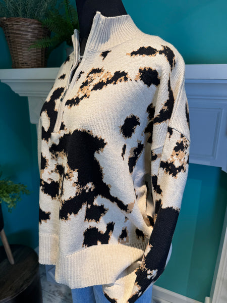 Entro 1/4 Zip Ruffle Trip Animal Print Sweater
