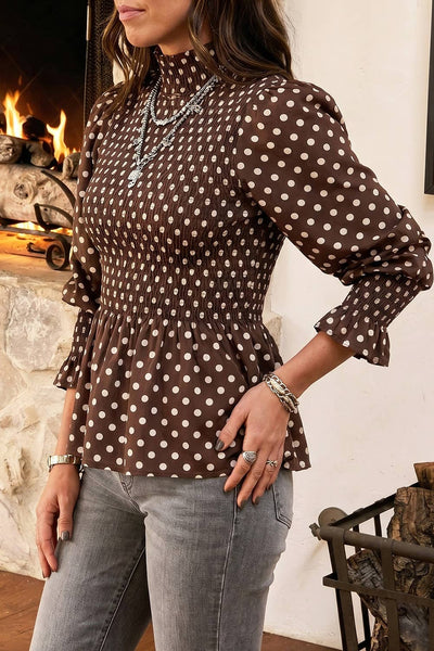 Polka Dot High Neck Shirred Blouse