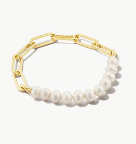 Ashton Gold Half Chain Bracelet in White Pearl
