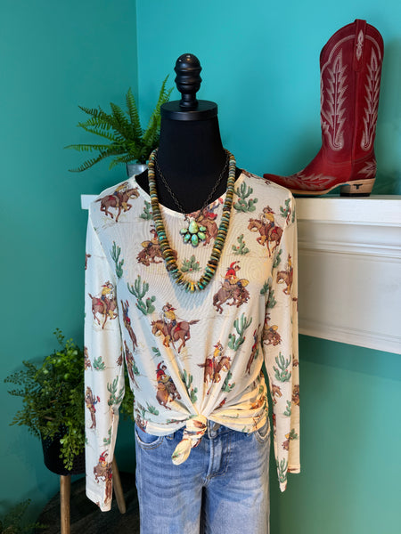 Mesh Vintage Cowboy Print Top