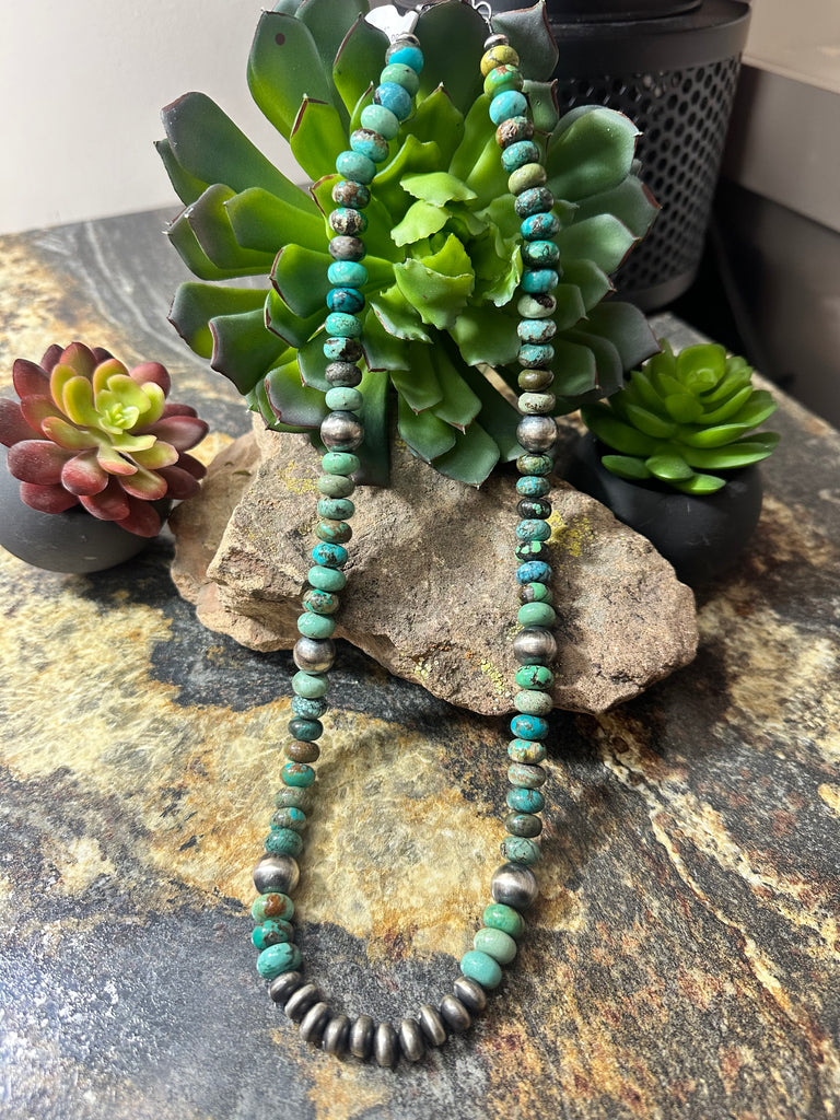 36" Navajo Pearl And Kingman Turquoise Necklace - Native American Turquoise Jewelry - Dakota Sky