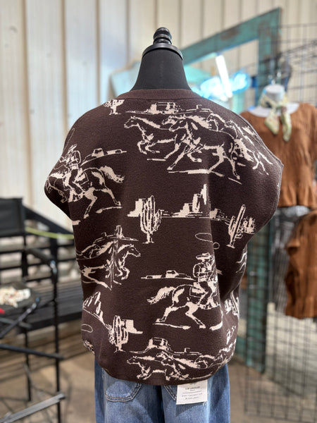 Cowboy Print Sleeveless Sweater