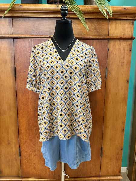 Ikat Print V-Neck Short Sleeve Top
