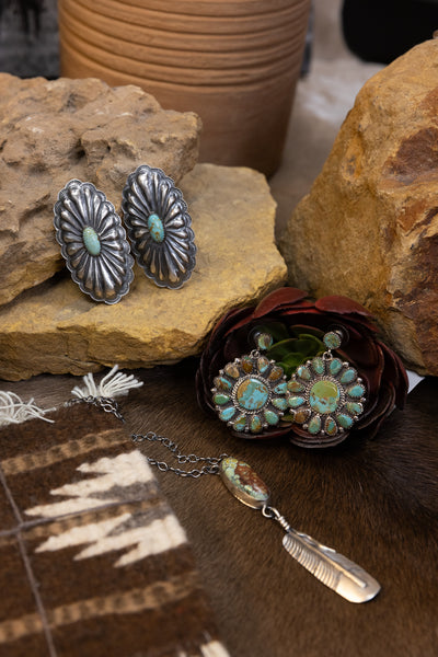 ALZ Stamped Oval Turquoise Post Earrings