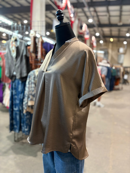 Satin V-Neck Placket Cuff Sleeve Top