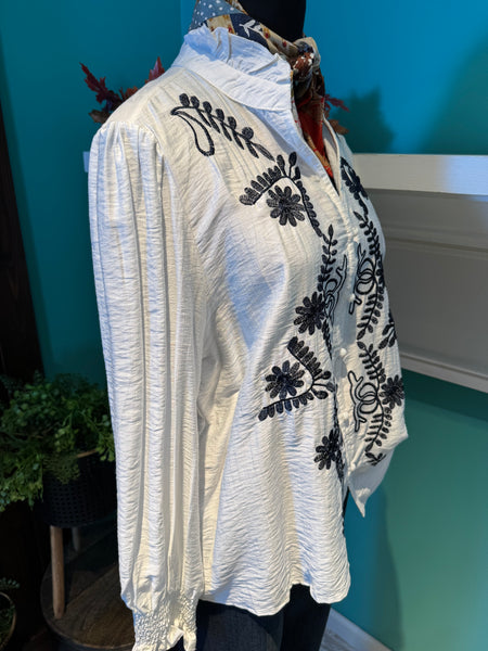 Rosa French Floral Embroidered Button Down Blouse