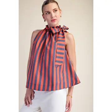 Ruffle Neck Tie Sleeveless Stripe Top