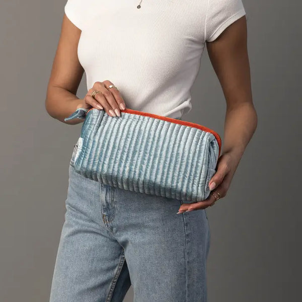 Velvet Ribbed Travel Pouch in Light Blue & Orange