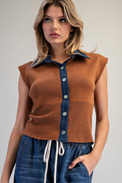 Denim Contrast Knit Top