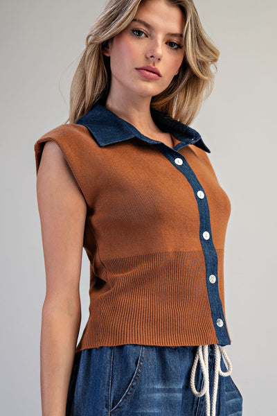 Denim Contrast Knit Top