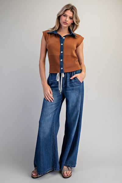 Denim Contrast Knit Top