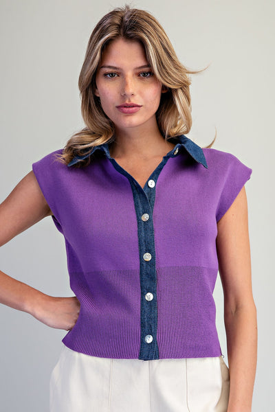 Denim Contrast Knit Top