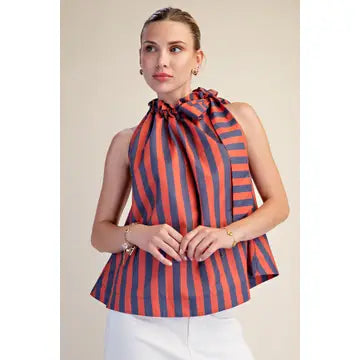Ruffle Neck Tie Sleeveless Stripe Top