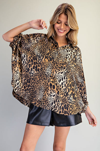 Leopard Dolman Sleeve Oversized Blouse