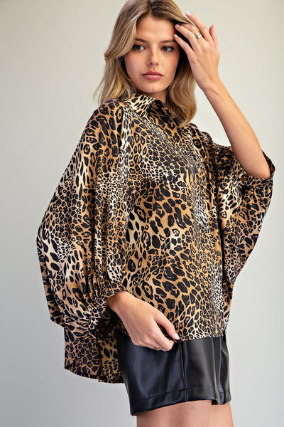Leopard Dolman Sleeve Oversized Blouse