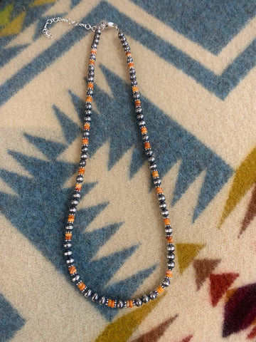 4 MM Navajo Pearl/Spiny Orange Necklace