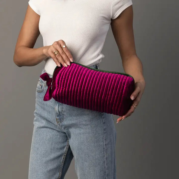 Velvet Ribbed Travel Pouch in Forest Green & Fuchsia