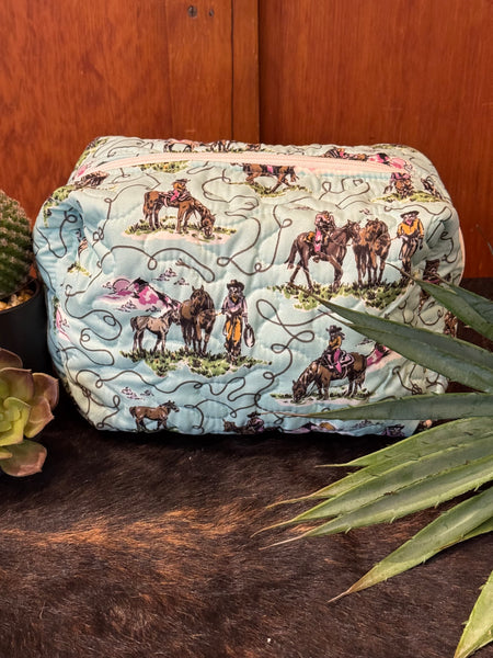 Sierra Cowgirl Light Turquoise Quilted Large Makeup Bag