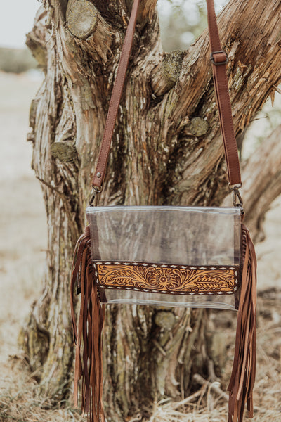 Clear Fringe Crossbody with Tooled Leather Trim