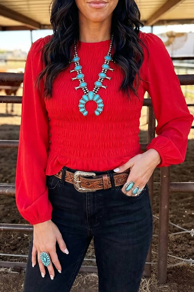 Smocked Ruffle Hem Long Sleeve Blouse
