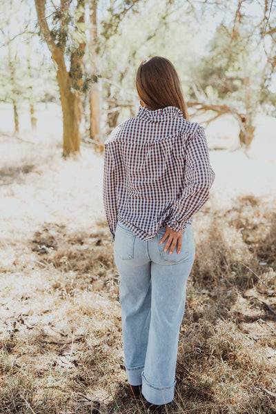 The Gingham Ruffle Blouse Coffee/White