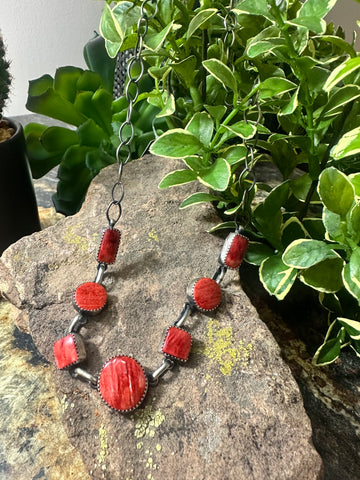 7 Stone Orange Spiny Oyster Link Chain Necklace