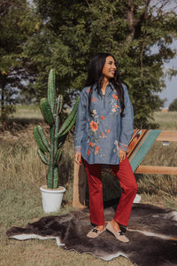 Johnny Was Denim Zip up Embroidered Tunic