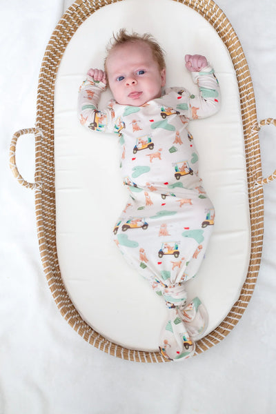 Knotted Infant Gown in Barks & Birdies