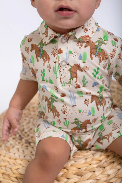 Short Sleeve Polo Romper in Saddle Up, Cowboy