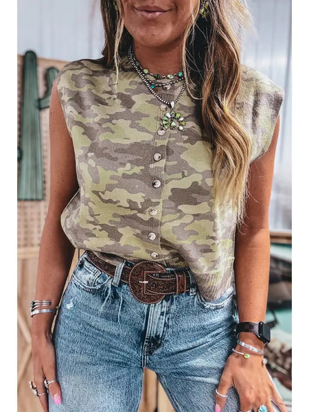 Girlie Camo Button Front Top