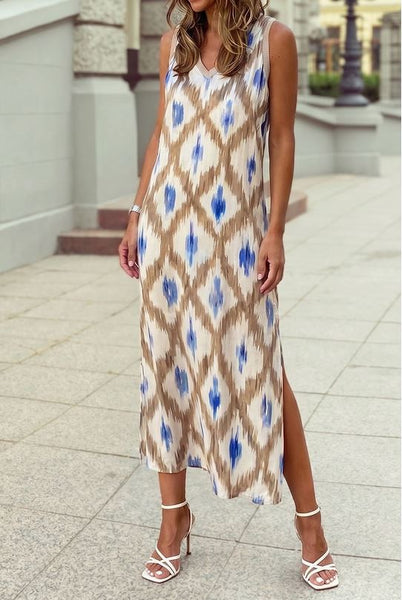 Ikat Print V-Neck Sleeveless Dress