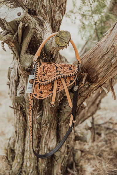 Double J Rose Tooled Saddle Handbag