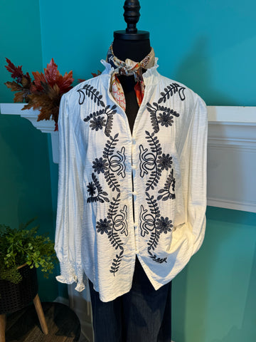 Rosa French Floral Embroidered Button Down Blouse