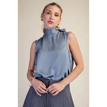 High Mock Neck Sleeveless Flowy Back Tie Too