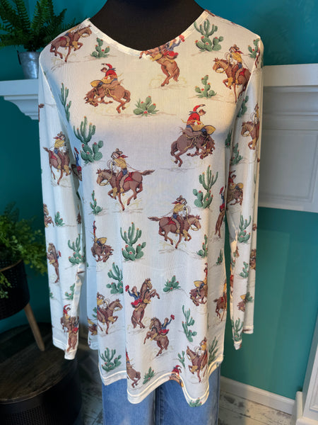 Mesh Vintage Cowboy Print Top