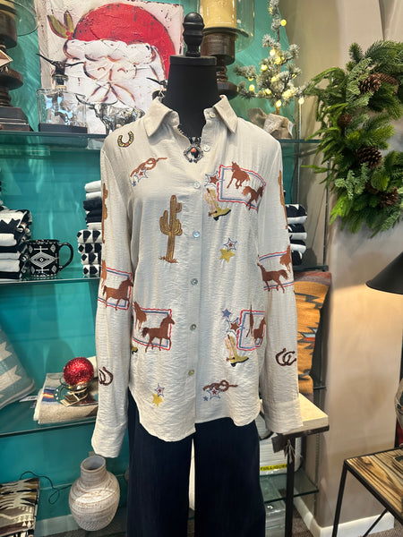 Blue B Western Embroidered Button Down