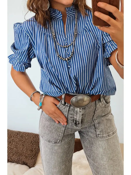 Striped Ruffle Trim Short Sleeve Top