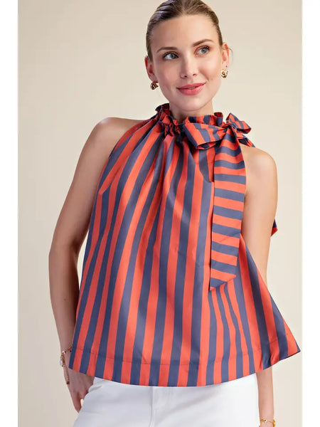 Ruffle Neck Tie Sleeveless Stripe Top