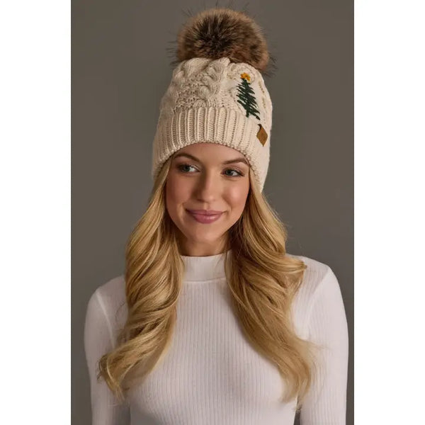 Tree Pom Knit Hat in Cream