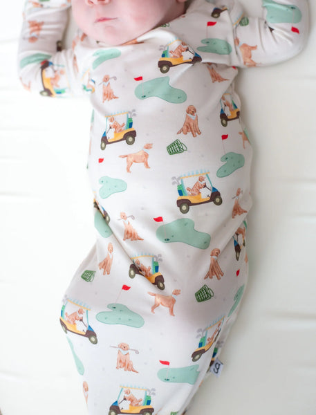 Knotted Infant Gown in Barks & Birdies
