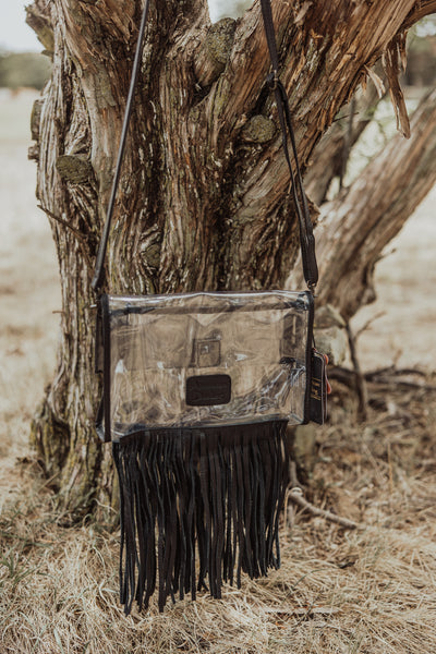 Hand-Tooled Leather Clear Western Crossbody Bag with Fringe