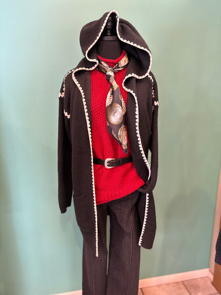 Hem & Thread Stitch Detailed Hoodie Cardigan