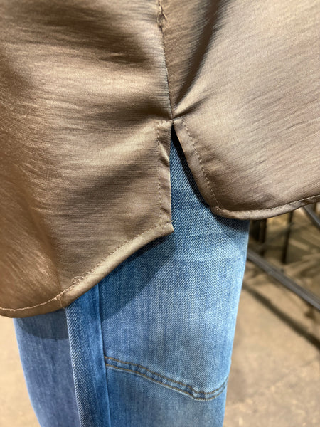 Satin V-Neck Placket Cuff Sleeve Top