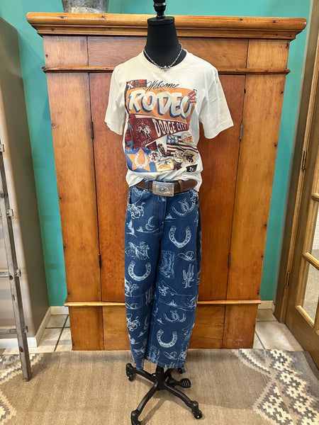 Western Print Barrel Jeans