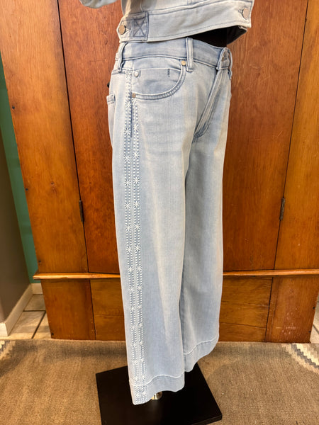 Liverpool Stripe Crop Wide Leg W/Embroidery Side Seam Jean
