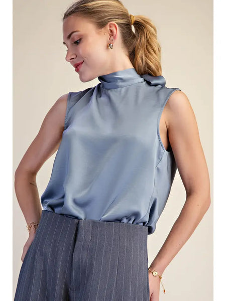 High Mock Neck Sleeveless Flowy Back Tie Too